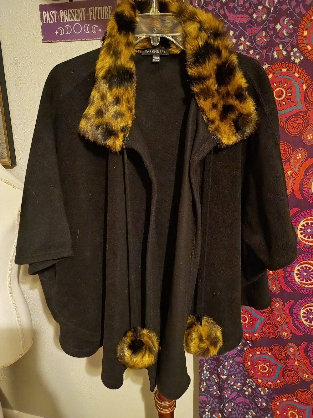 Parkhurst Black Cape with Leopard-Print Faux Fur Trim